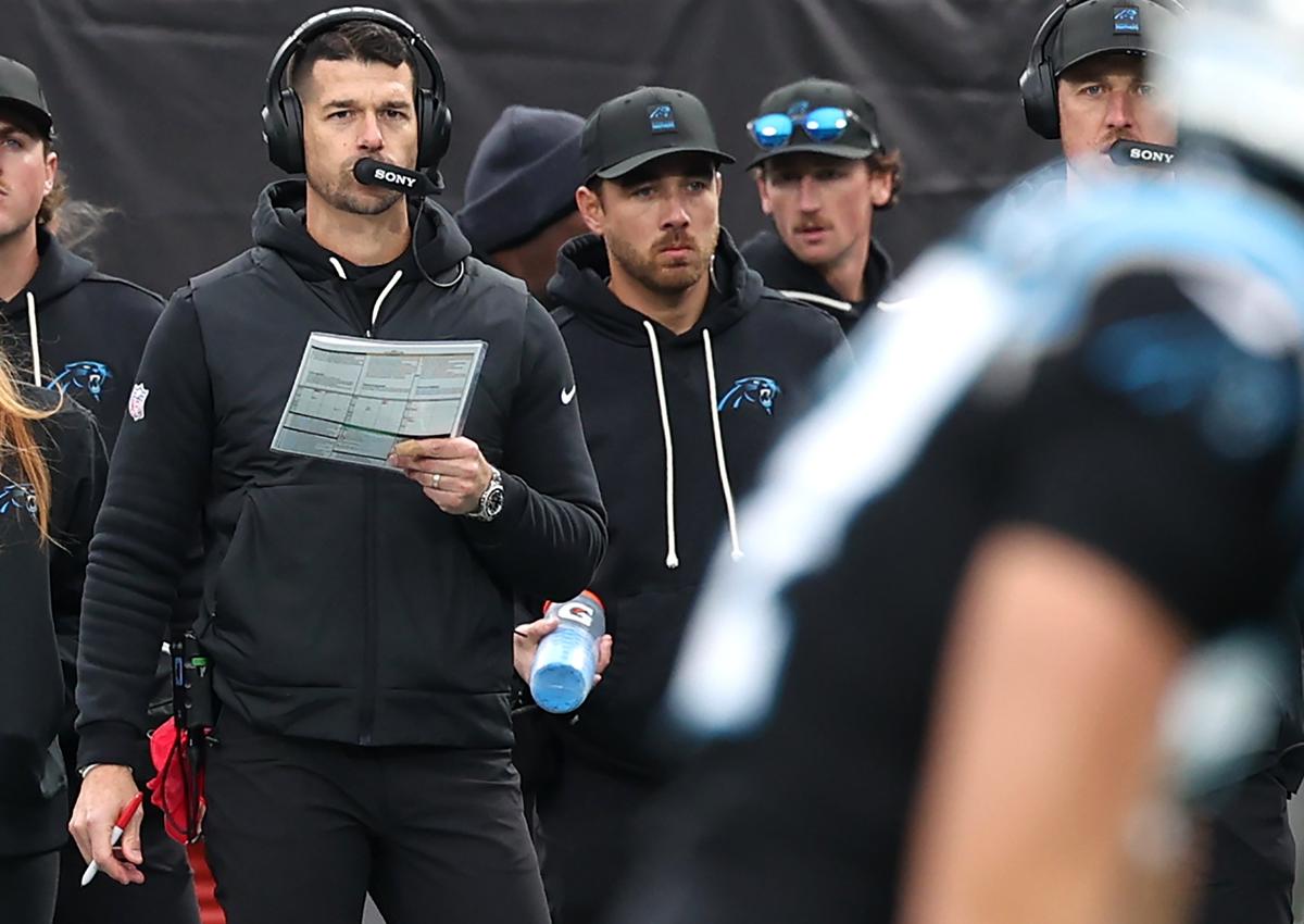 Carolina Panthers head coach Dave Canales watches the team’s offense line up against the Los Angeles Rams on Nov. 30, 2025, at Bank of America Stadium. The Panthers defeated the Rams 31-28.