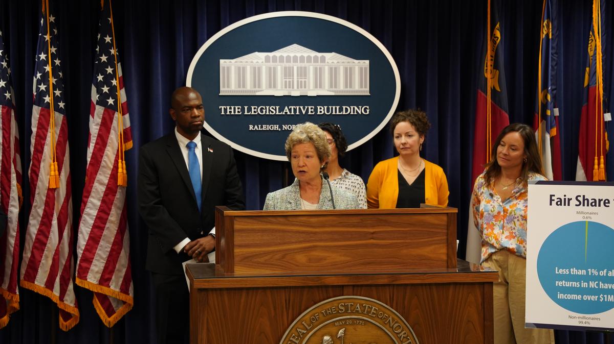 Monica Lavery speaks at May 11 news conference in Raleigh on the “Millionaire Tax” for NC public schools.