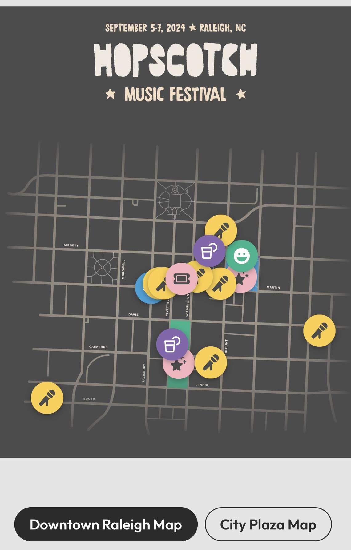 A visual of the interactive downtown Raleigh festival map from the official Hopscotch Music Festival mobile app.