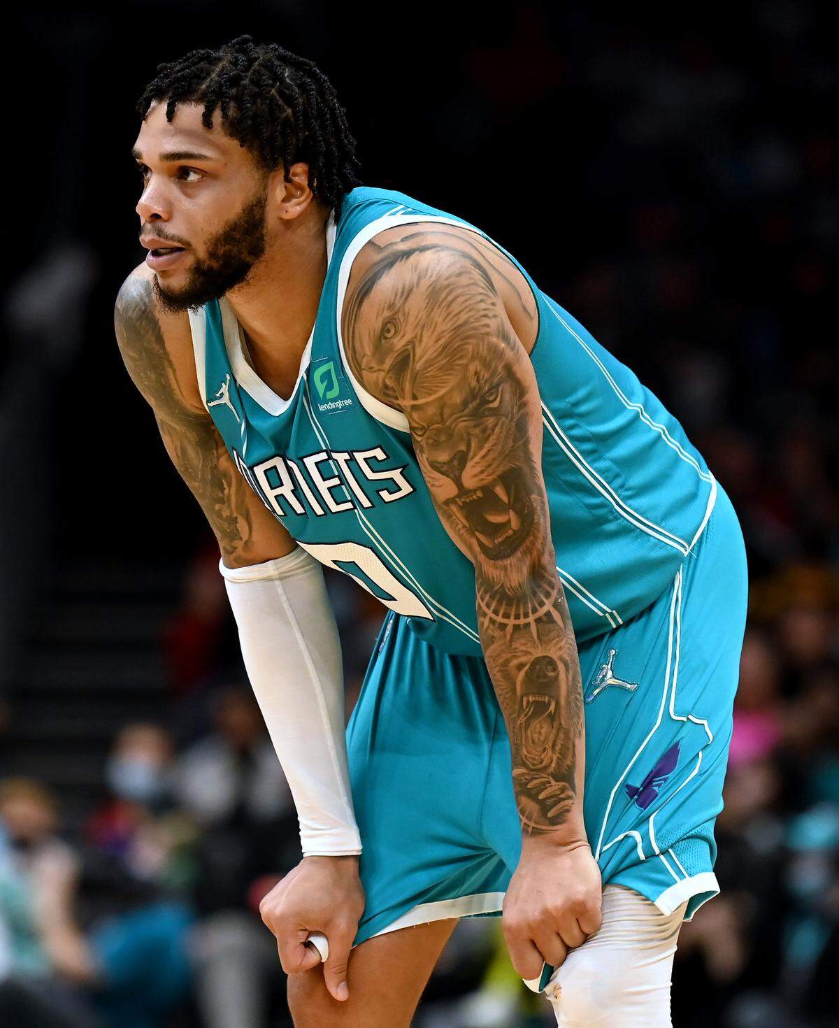 Charlotte Hornets forward Miles Bridges left arm is his animal arm, ÒIÕve got a wolf on there. A bear, an eagle, a lion. The eagle and lion, they represent leadership. And all the other ones are just my favorite animals,Ó says Bridges.