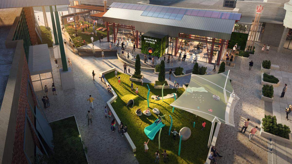 Renovated SouthPark West Plaza will be anchored by Suffolk Punch Brewing including a new greenspace, stage and play area.