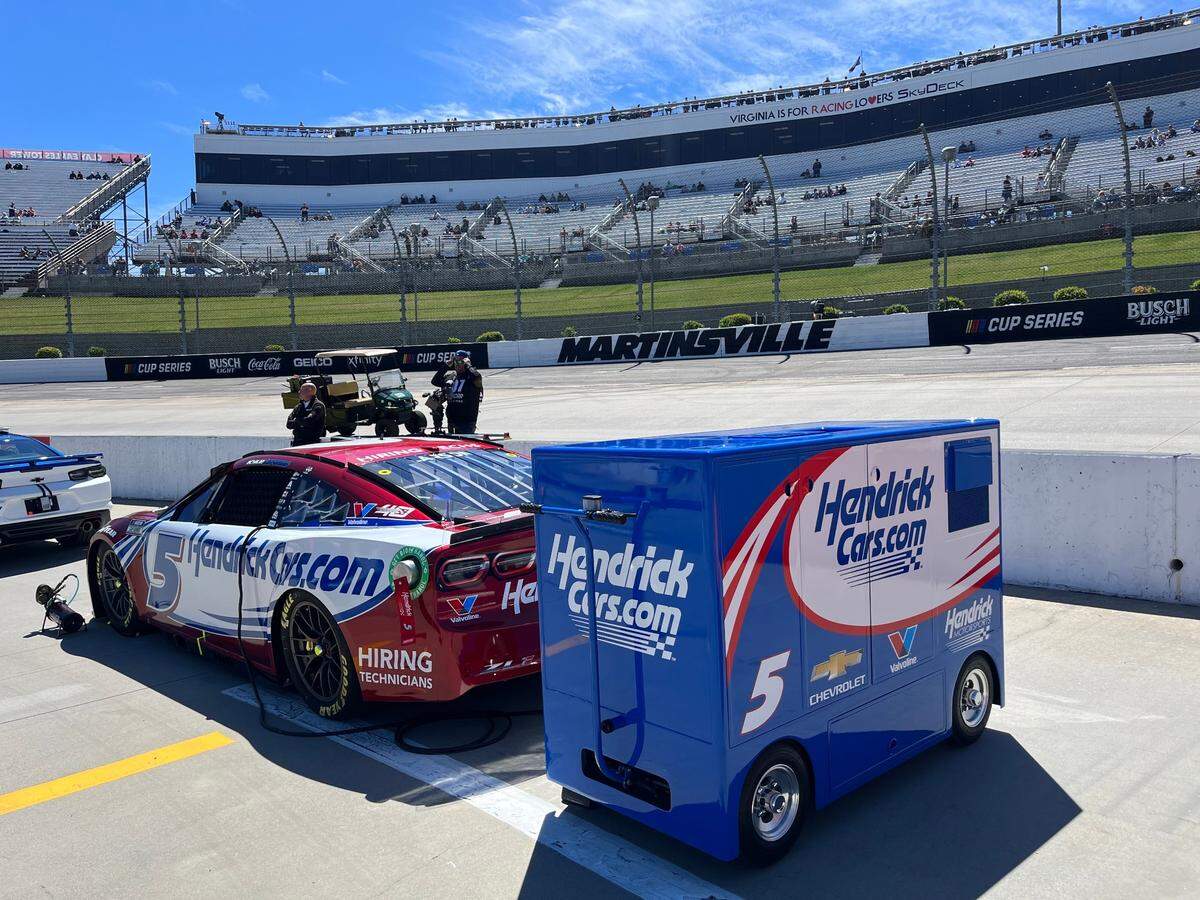 Kyle Larson’s ruby red No. 5 Chevy on pit road prior to the NASCAR Cup Series Cook Out 400 at Martinsville Speedway on April 7, 2024, in Ridgeway, Va.