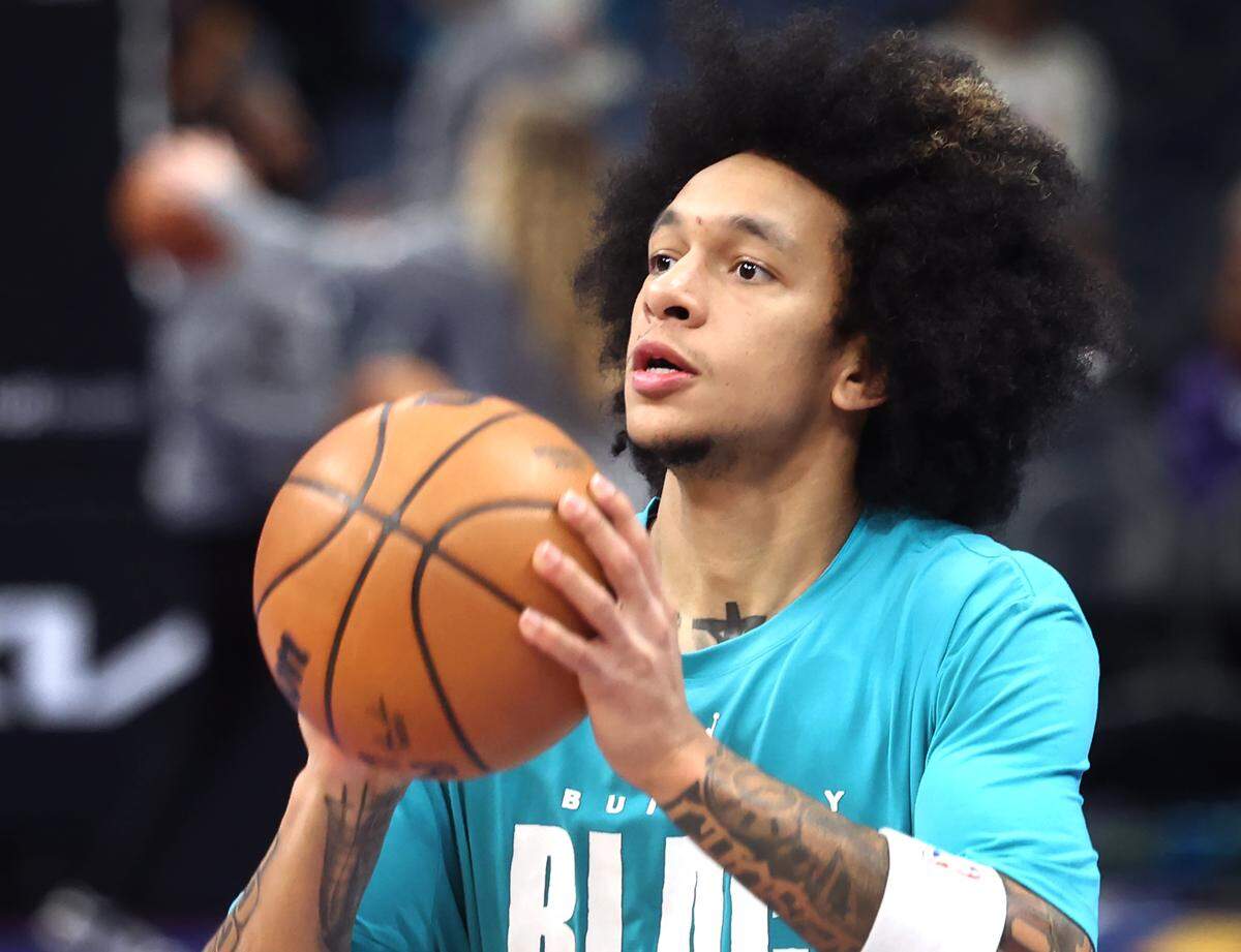 Charlotte Hornets guard Tre Mann prepares to shoot during a warm up prior to action against the New Orleans Pelicans at Spectrum Center in Charlotte, NC on Monday, February 2, 2026. The Hornets defeated the Pelicans 102-95.
