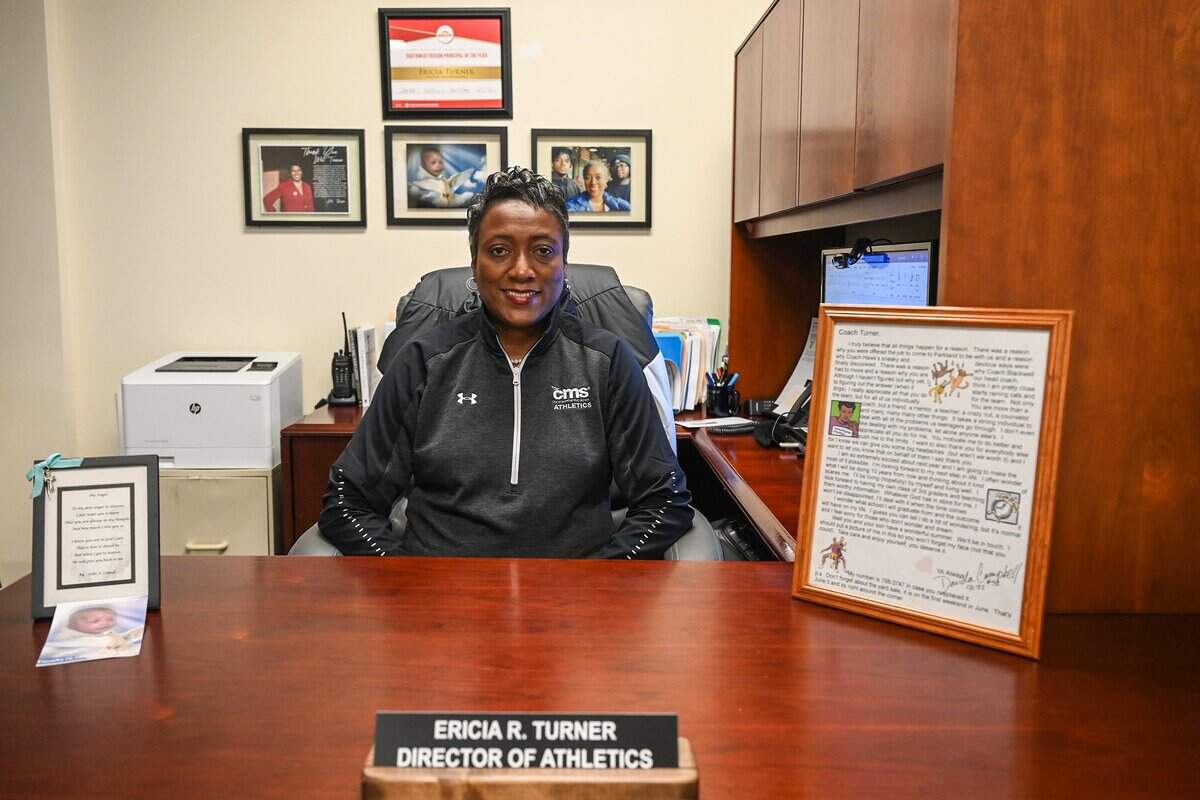 Ericia Turner, Athletic Director for CMS, poses in her office on Friday, February 4, 2022 in Charlotte, NC.