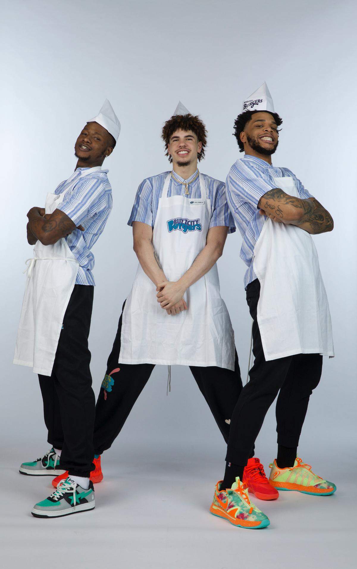 Charlotte Hornets stars Terry Rozier (left), LaMelo Ball (center) and Miles Bridges.