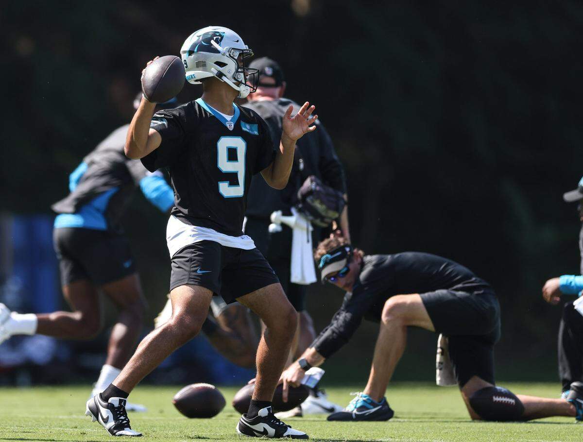 Carolina Panthers quarterback Bryce Young passes during Panthers Training Camp at Wofford College in Spartanburg, SC., on Wednesday, July 26, 2023.