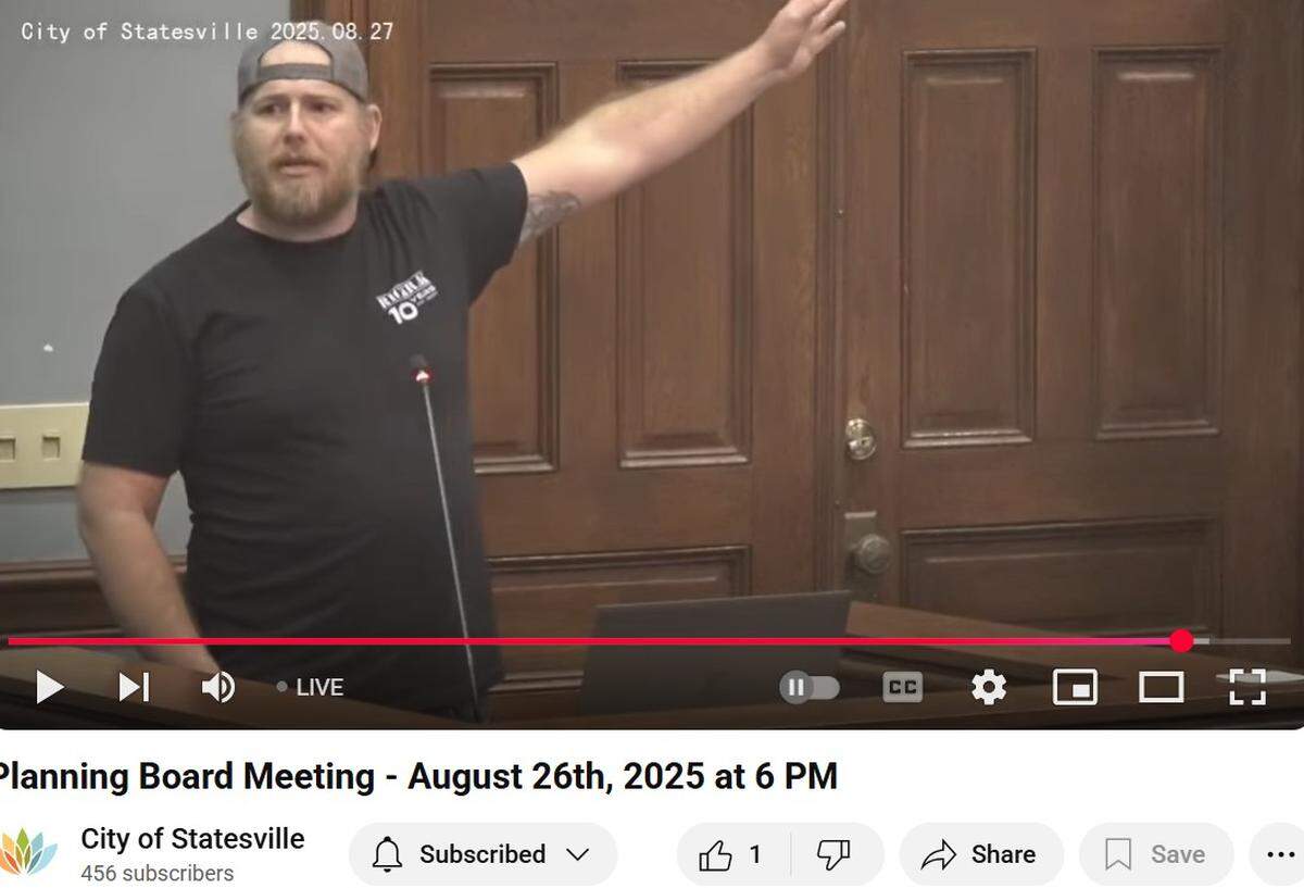 “Don’t rip my child’s childhood away,” firefighter Samuel Estes, who has lived near Stamey Farms his entire life, told the Statesville Planning Board about a planned data center Tuesday night, Aug. 26, 2025.