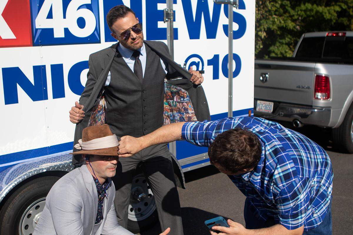 Fox 46’s Nick Kosir and Jason Harper being creative directed by news director Hans Fornoff.