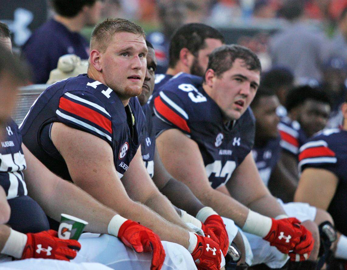 Auburn's Braden Smith (71) started at right guard the past three seasons for the Eagles. He has good size and strength, and could help a Panthers' offensive line that lost All-Pro guard Andrew Norwell in free agency.