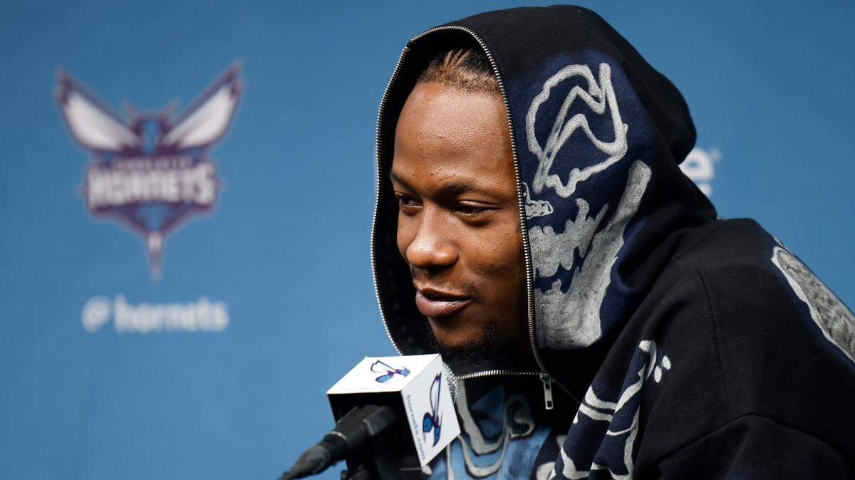 Charlotte Hornets guard Terry Rozier (3) responds to a question during season wrap up media conference at Spectrum Center in Charlotte, N.C., Thursday, April 14, 2022.