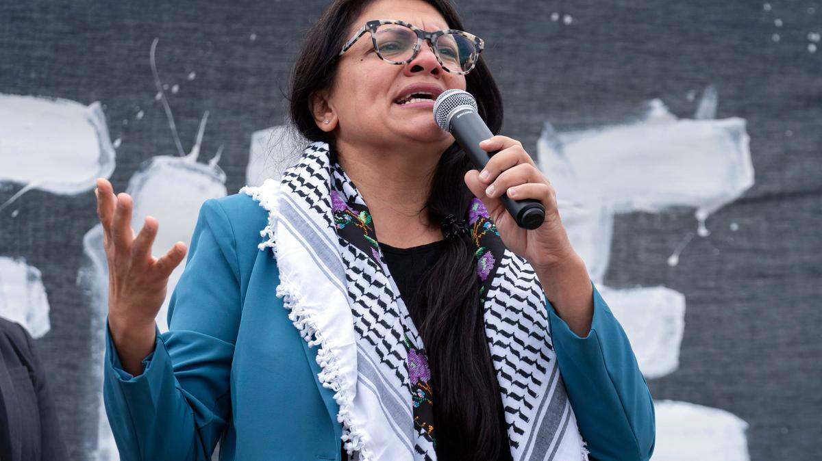 U.S. Rep. Rashida Tlaib, D-Mich., speaks during a rally at the National Mall during a pro-Palestinian demonstration in Washington, Oct. 20, 2023.