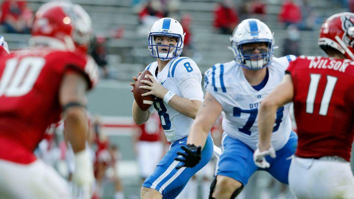 Duke quarterback Chase Brice (8) has thrown 11 of his team’s 12 interceptions this season.