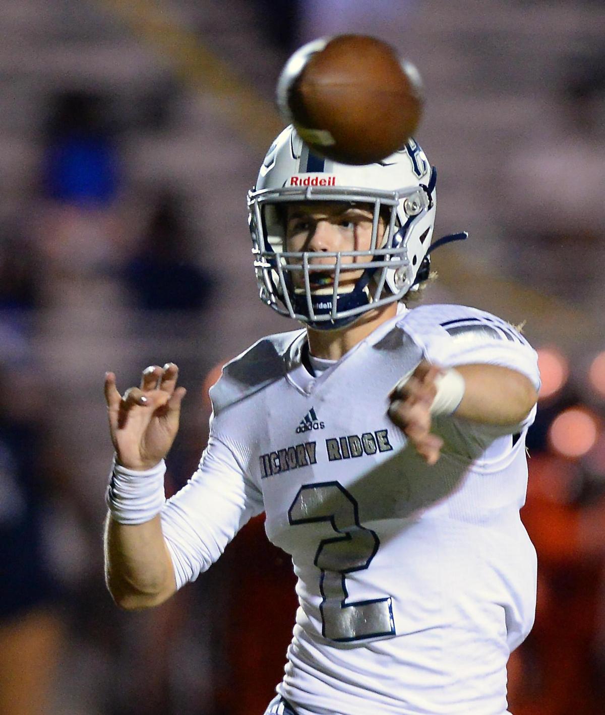 Hickory Ridge quarterback Alex Bentley passes to a receiver during second quarter action against the Chambers Cougars on Friday, September 10, 2021.
