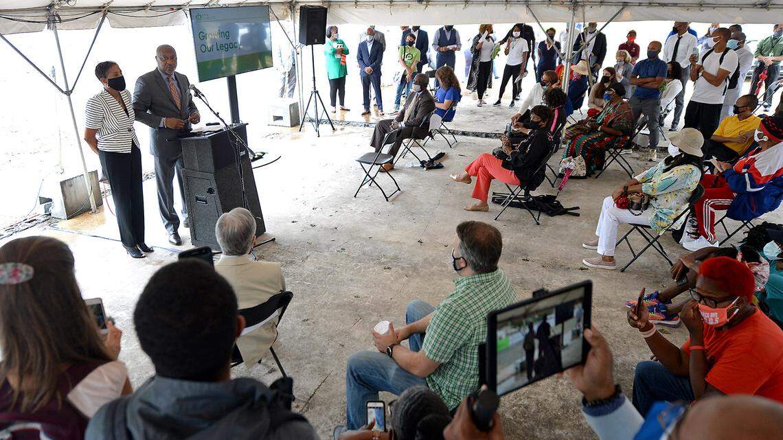 Roger Parham, the managing member of Steel Skin, LLC addresses attendees of a press conference discussing the projects and opportunities along the Beatties Ford Road corridor in Charlotte, NC on Wednesday, September 9, 2020.