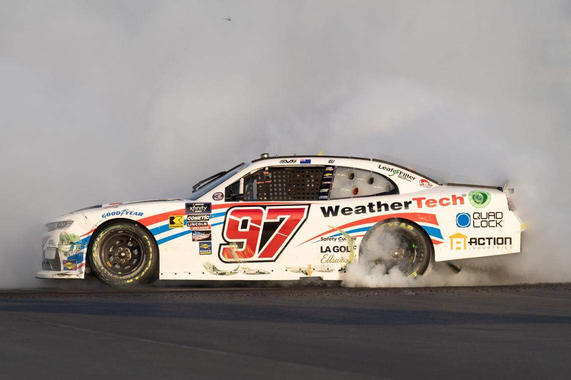 Shane van Gisbergen (97) performs a burnout after winning the NASCAR Xfinity Series Sonoma 250 at Sonoma Raceway in Sonoma, Calif., on June 8, 2024.