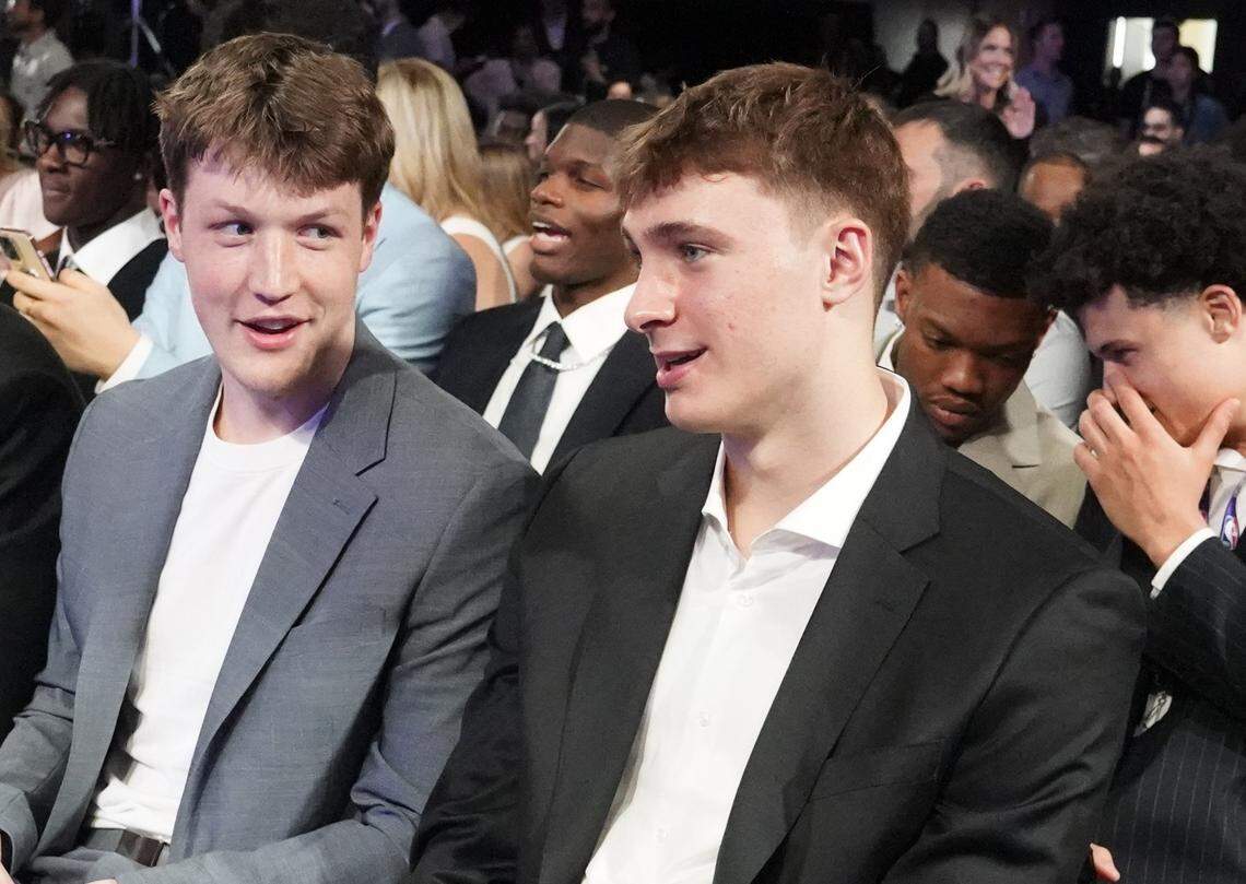 Duke players L-R Kon Knueppel and Cooper Flagg, during the 2025 NBA Draft Lottery at McCormick Place.