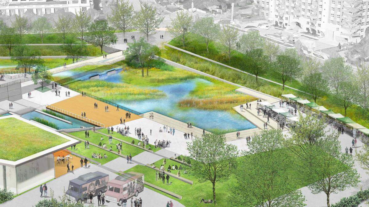 This rendering shows what Symphony Park could look like under renovations proposed in a SouthPark Forward 2035 Vision Plan.