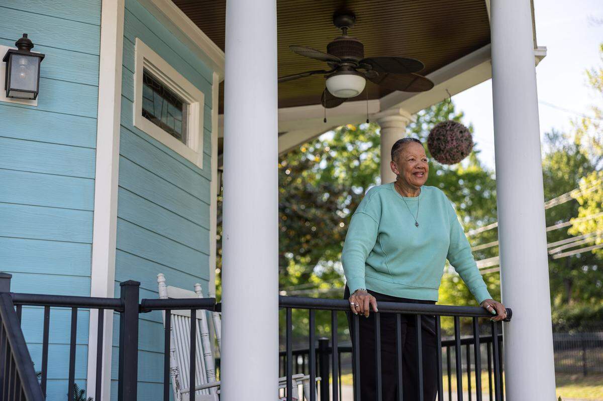 Darnell Ivory poses for a portrait on her porch in Charlotte, N.C., on Friday, April 10, 2026. 