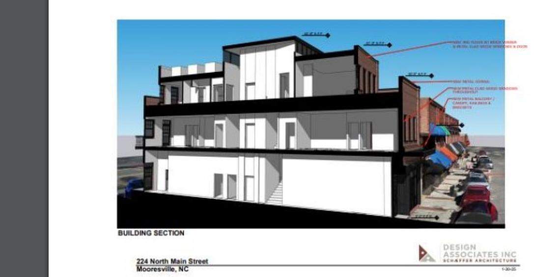 This architect rendering shows the side of the 1906 building at 224 N. Main St. in Mooresville with the exterior of the proposed second-story apartments and third-floor penthouse, a first for the bustling downtown.