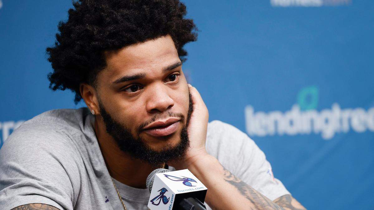 Hornets forward Miles Bridges (0) takes a question during season wrap up media conference at Spectrum Center in Charlotte, N.C., Thursday, April 14, 2022.