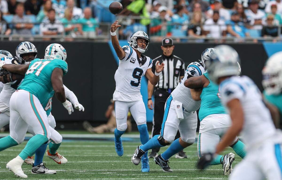 Panthers quarterback Bryce Young throws a pass during the game against the Dolphins at Bank of America Stadium in Charlotte, NC on Sunday, October 5, 2025