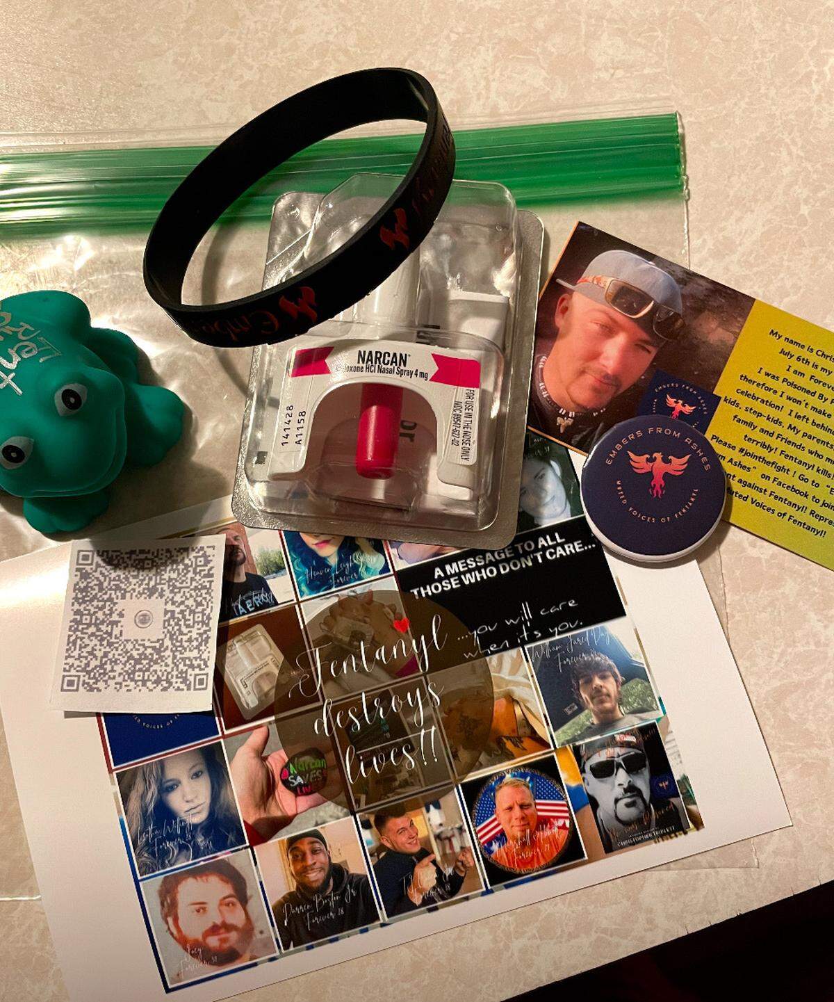 Contents of kits Stephanie Triplett puts together to give out at events or leave on cars.