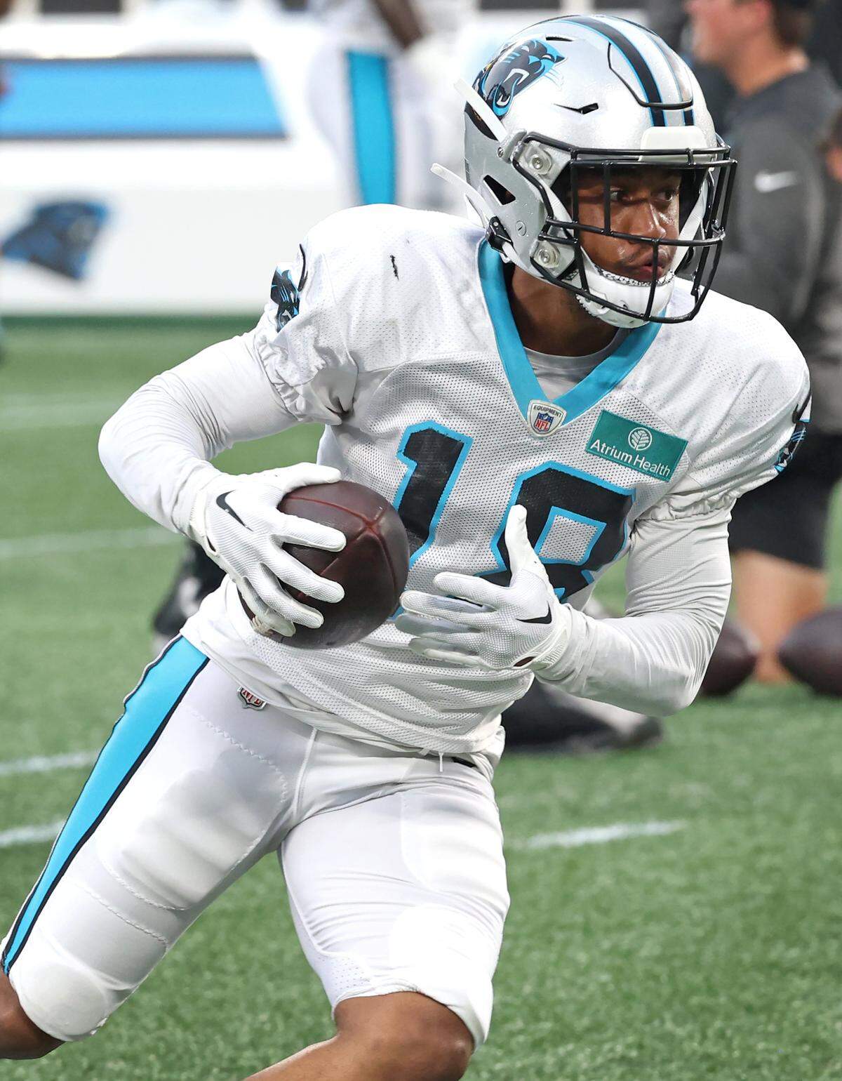 Damiere Byrd secured a pass during the Panthers’ Fan Fest practice at Bank of America Stadium in August 2023.