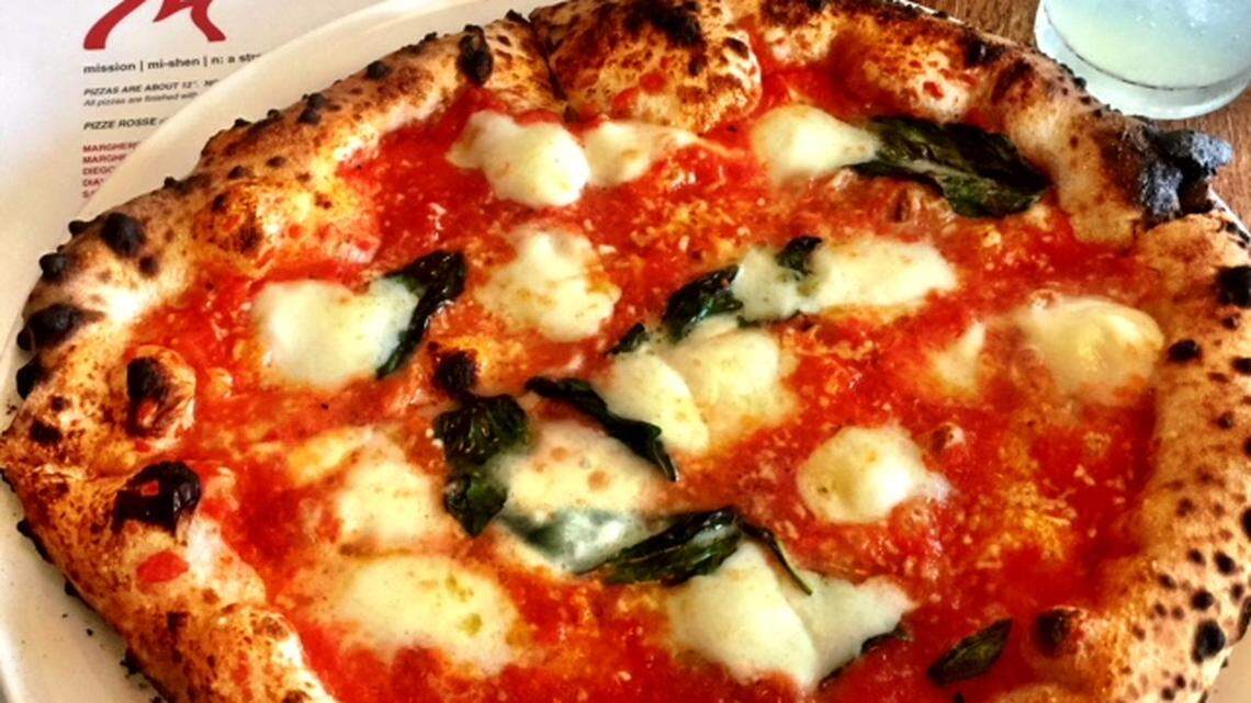 Mission Pizza in Winston-Salem’s Neapolitan Margherita pizza has plenty of browning around the crust.