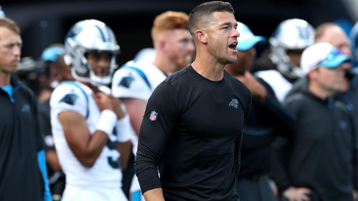 Carolina Panthers head coach Dave Canales gives instructions to his team as they run through drills prior to action against the New York Jets at Bank of America Stadium in Charlotte, NC on Saturday, August 17, 2024.