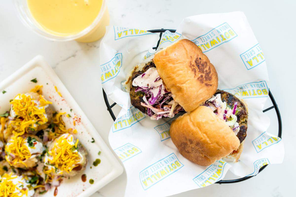 Sev Potato Dahi Puri and Lamb Burgers at Botiwalla.