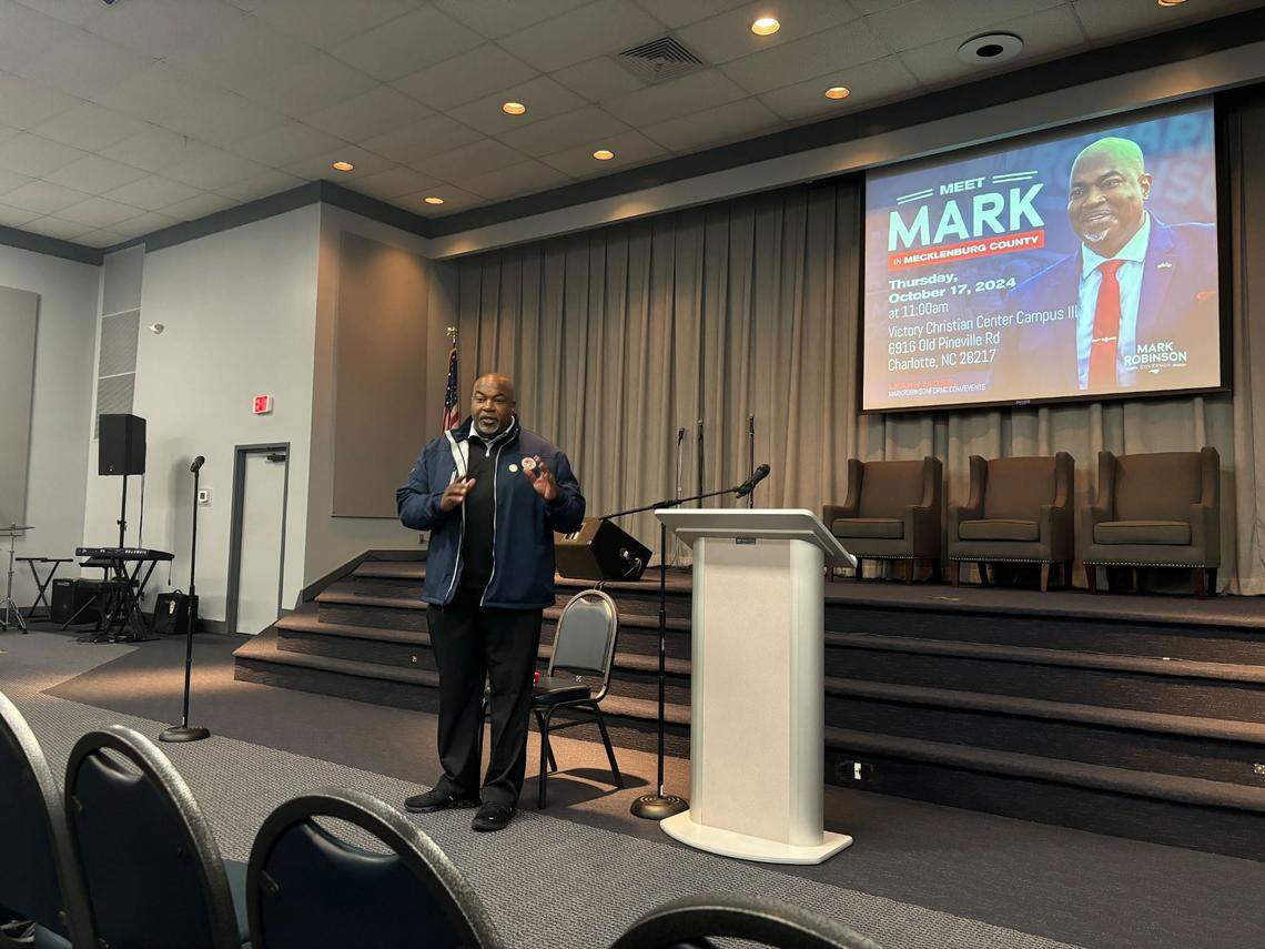 Lt. Gov. Mark Robinson address a group of around 10 people during a meet and greet at Victory Christian Center Campus III in Charlotte on Thursday.