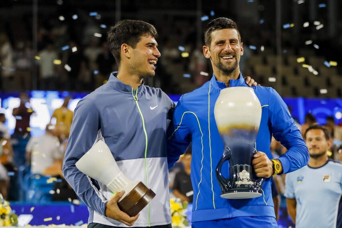 Carlos Alcaraz (ESP) reacts after Novak Djokovic (SRB) after the match during the men’s singles final of the Western and Southern Open tennis tournament at Lindner Family Tennis Center in Mason, Ohio, during the 2023 Western and Southern Open.