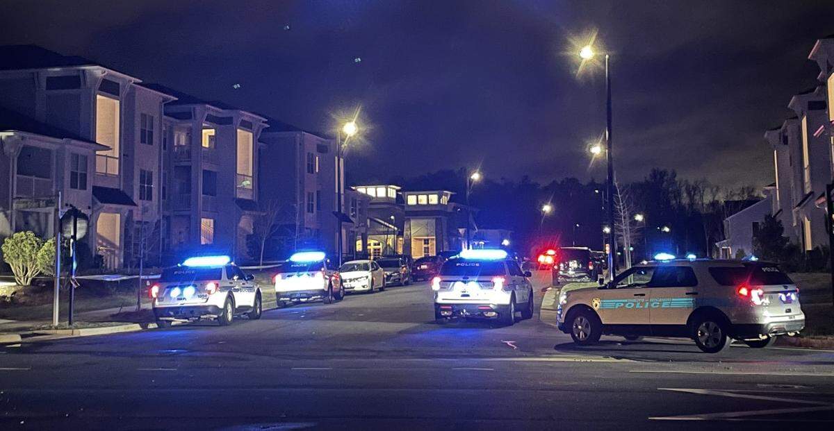 Charlotte-Mecklenburg police vehicles the scene at the Prince Square Apartments off Brown Grier Road in the Steele Creek area on Wednesday, April 6, 2022. An officer fired their weapon and wounded a person.