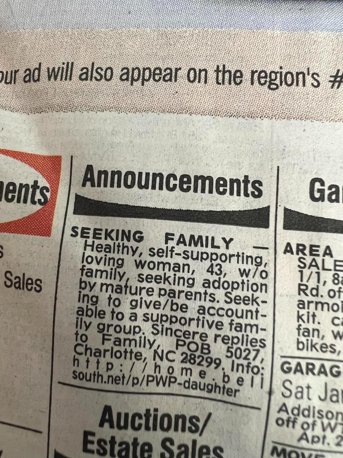 The classified ad as it originally appeared in The Charlotte Observer.