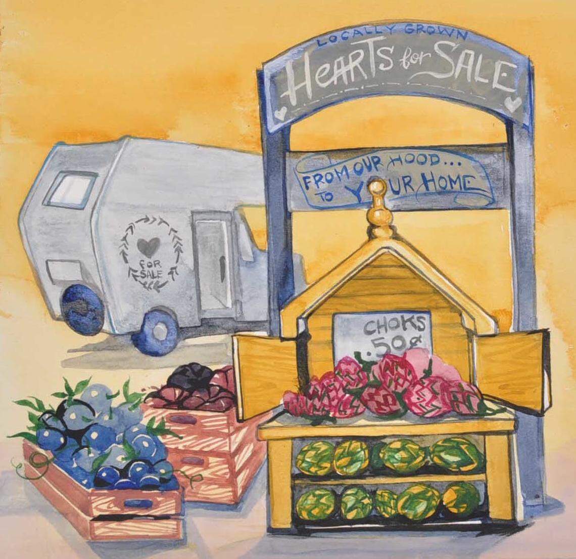 This watercolor was inspired by Charlotte area artist Ida Mae Irby’s time living in Georgia, Charlotte and Mississippi. The images are reminiscent of her frequent visits to local farmer’s markets and the regionally grown foods she enjoyed.