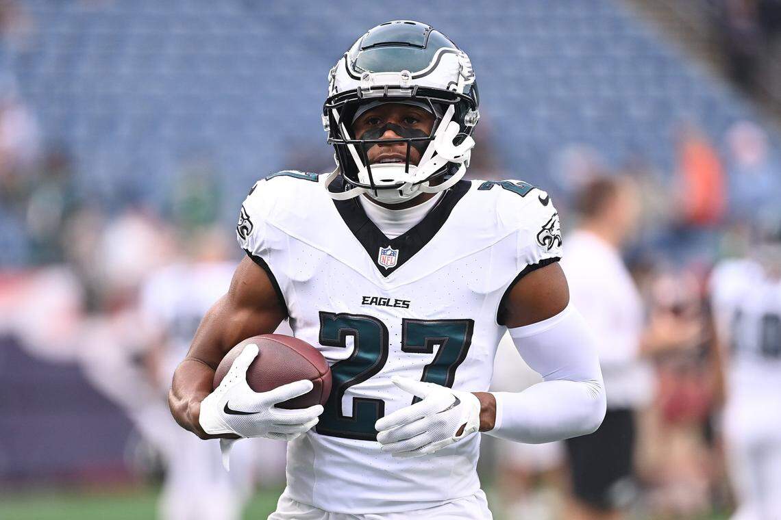 Aug 15, 2024; Foxborough, MA, USA; Philadelphia Eagles cornerback Zech McPhearson (27) warms up before a game against the New England Patriots at Gillette Stadium. Mandatory Credit: Eric Canha-USA TODAY Sports