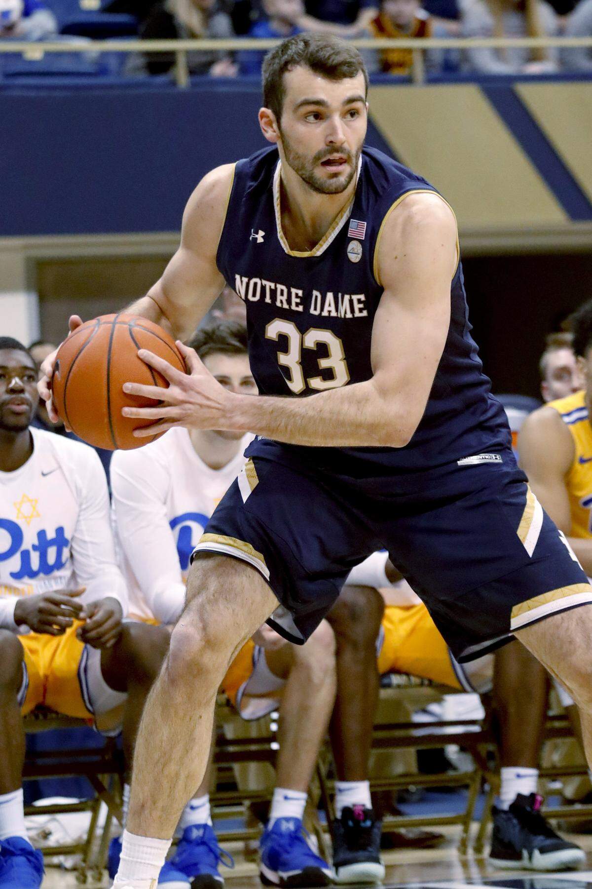 Notre Dame’s John Mooney (33) during the first half of an NCAA college basketball game against Pittsburgh, Saturday, March 9, 2019, in Pittsburgh. (AP Photo/Keith Srakocic)