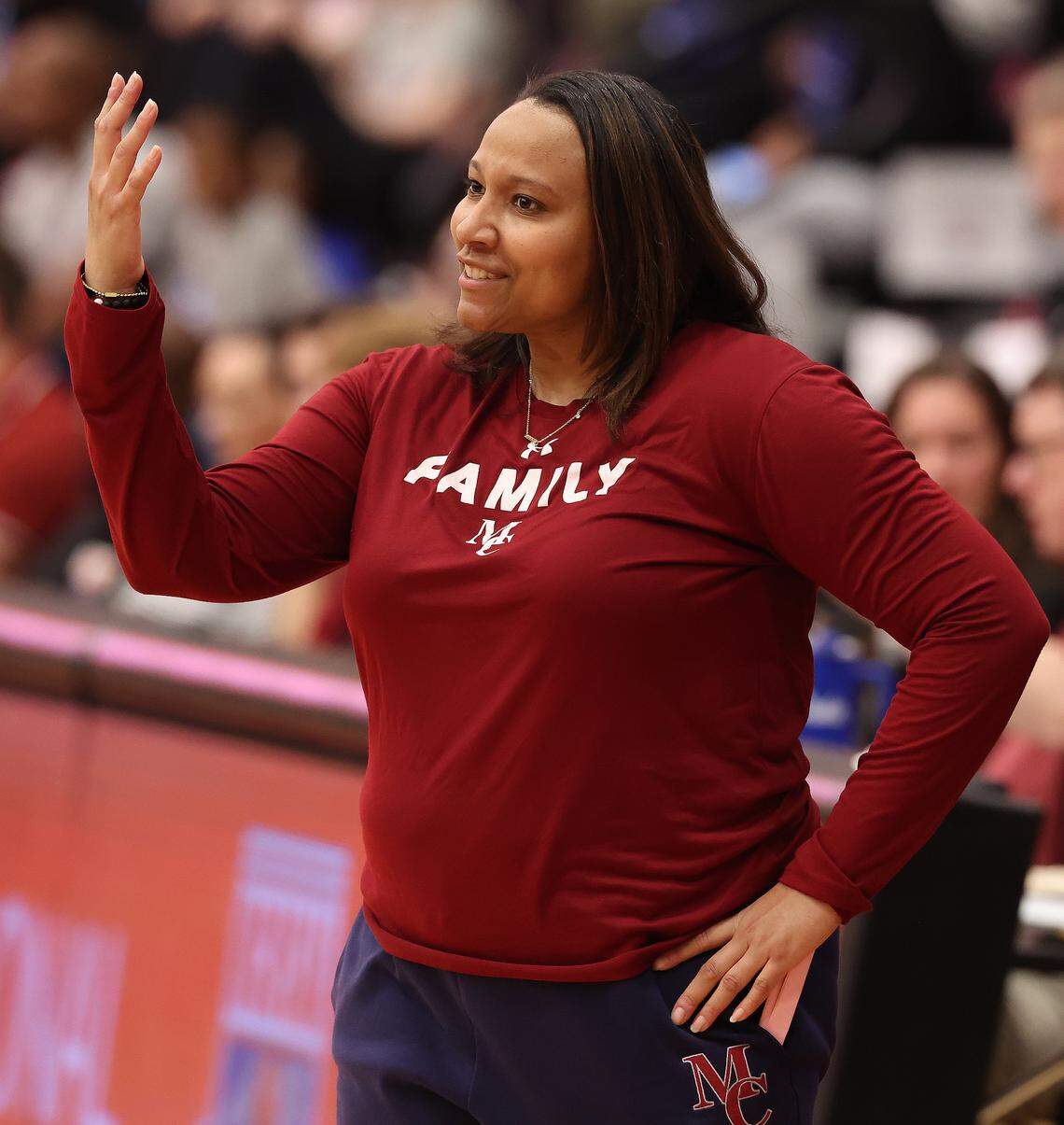Mallard Creek head girls basketball coach Karlyn Dixon gives instructions to her team during action against Ardrey Kell in the NCHSAA 8A girl’s regional championship game on Wednesday, March 4, 2026 at Lenoir-Rhyne University in Hickory, NC. Mallard Creek defeated Ardrey Kell 59-44. 