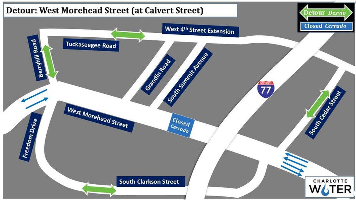 West Morehead Street in west Charlotte is closed until further notice for emergency pipe replacement, Charlotte Water said Monday.