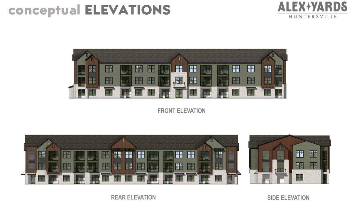 Alex Yards would include 325 apartments in 10 buildings on the east side of Mount Holly-Huntersville Road in Huntersville, just north of Alexandriana Road.
