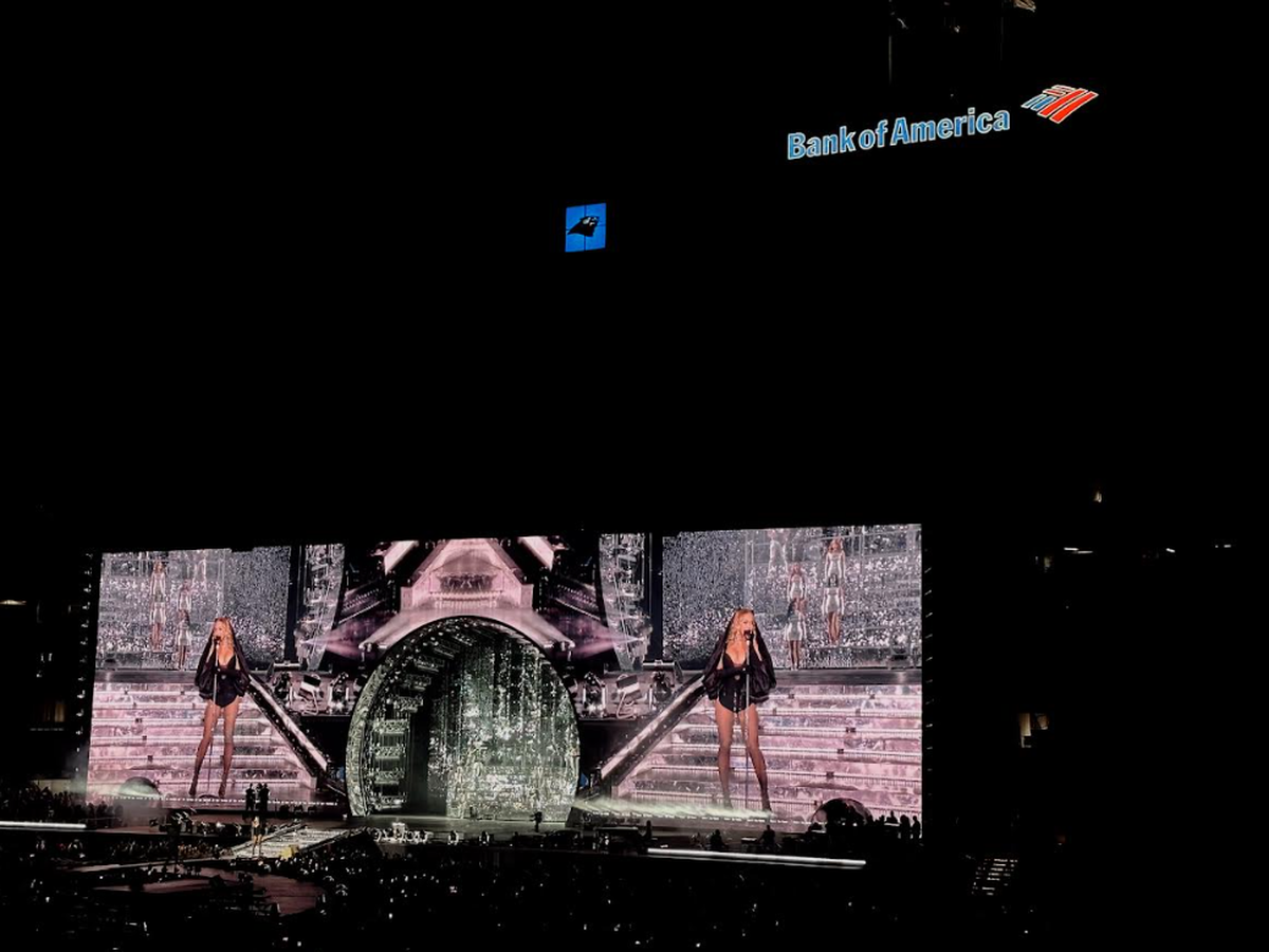 View of Beyoncé performing from stands of Bank of America Stadium.