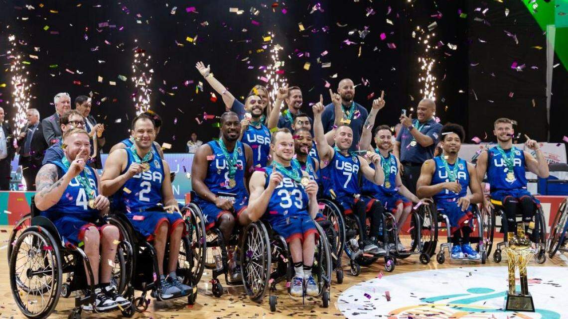 Team USA celebrates a victory at the 2023 IWBF World Championship. Charlotte’s Ryan Neiswender (7) is among those celebrating. He is an alternate for the 2024 team training to play in the 2024 Paralympic Games in Paris.