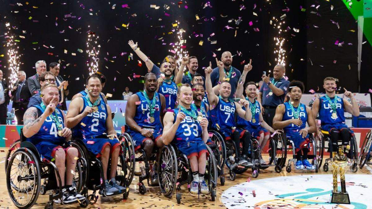 Team USA celebrates a victory at the 2023 IWBF World Championship. Charlotte’s Ryan Neiswender (7) is among those celebrating. He is an alternate for the 2024 team training to play in the 2024 Paralympic Games in Paris.