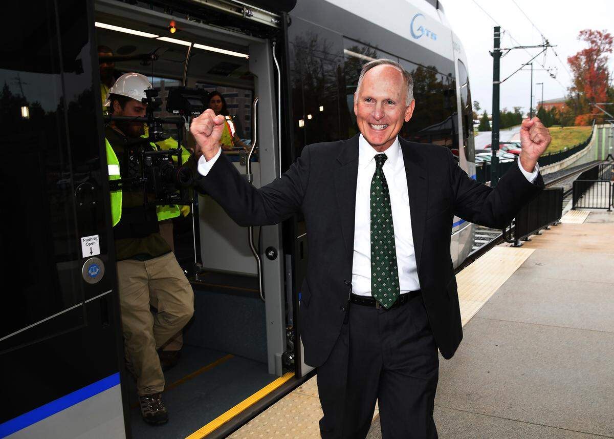 Phil Dubois steps off the train and shook his fists in the air after the preview ride in 2017.
