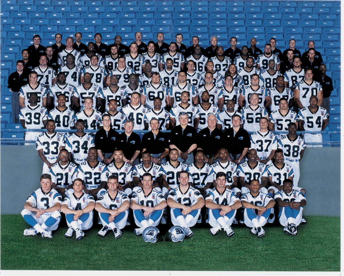 The official portrait of the first-ever Carolina Panthers team (LaVar Ball is No. 48, in the center, directly behind team owner Jerry Richardson). The photo was taken inside Winthrop Coliseum, since the Panthers trained in Rock Hill, S.C., at the time, and later manipulated by the Panthers to make it appear it was shot outside at Bank of America Stadium, which had yet to be completed.