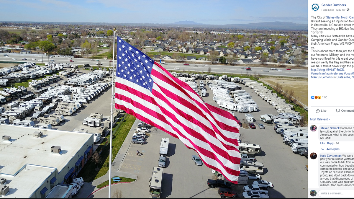 The flag flown by Camping World is 3,200 square feet, which is larger than the ordinances allow in Statesville.