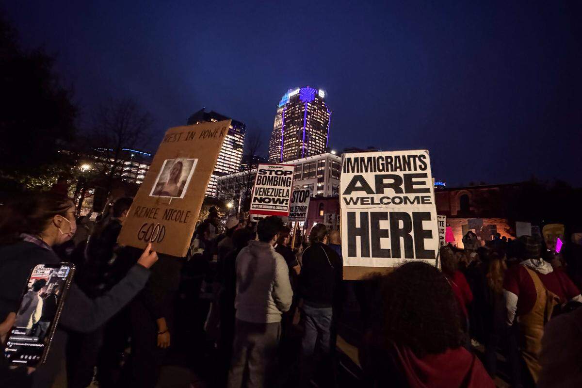People gather in First Ward Park on Thursday, January 8, 2025 in Charlotte to protest an ICE agent’s killing of 37-year-old Renee Nicole Good in Minneapolis yesterday.
