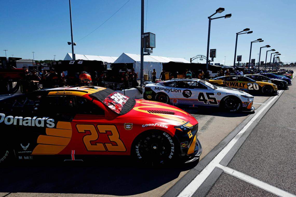 May 11, 2024; Darlington, South Carolina, USA; NASCAR cars wait for the start of practice for the Goodyear 400 at Darlington Raceway.