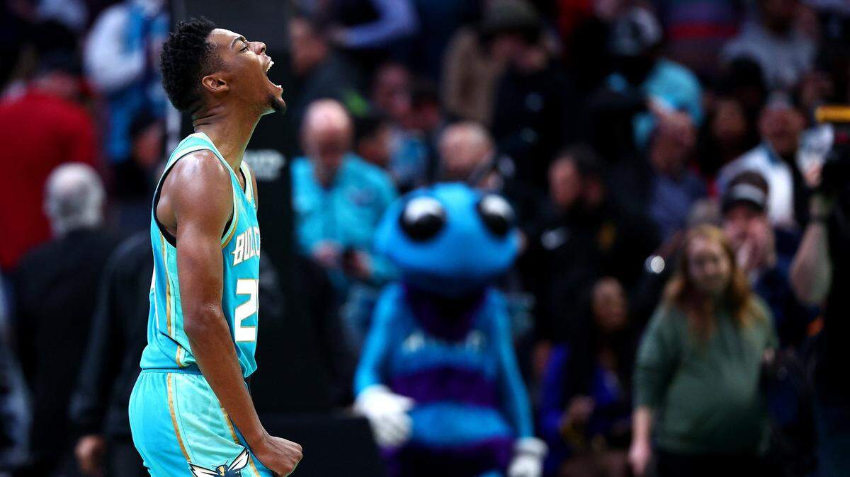 Brandon Miller of the Charlotte Hornets reacts following a 118-11 win against the Cleveland Cavaliers at Spectrum Center on March 27, 2024, in Charlotte, North Carolina. (Jared C. Tilton/Getty Images/TNS)