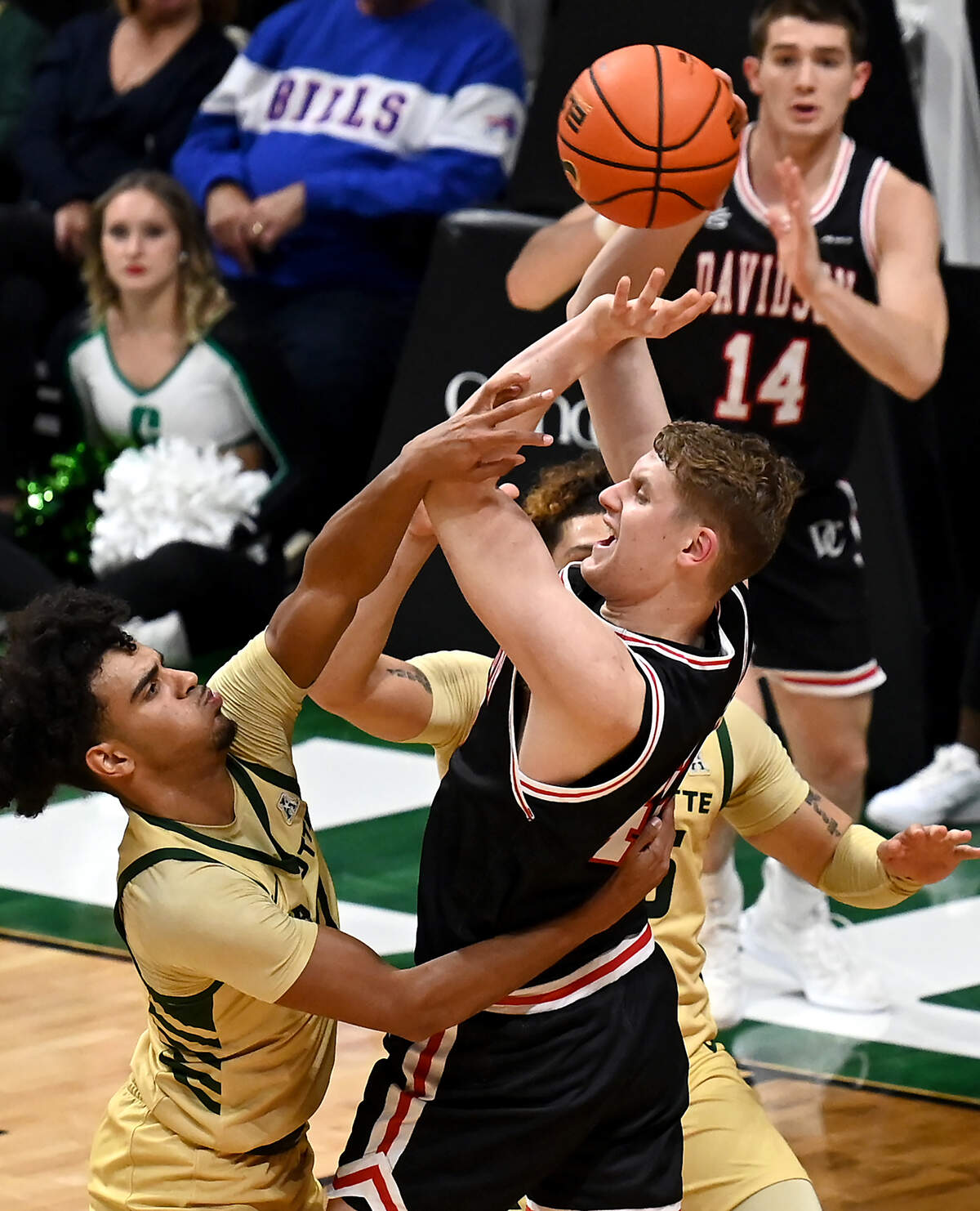 Davidson Wildcats David Skogman, center, fights to keep control of the ball as Charlotte 49er defenders surround him in the final moments of action on Wednesday, November 29, 2023 at Halton Arena. Davidson defeated Charlotte 85-81 to win the Battle for the Hornets Nest.